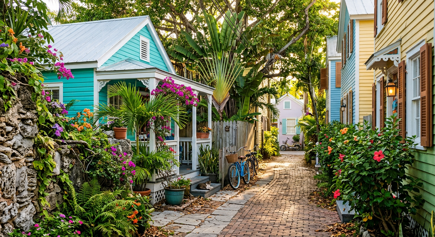 A narrow, sun-drenched Key West alleyway lined with historic wooden homes, coral rock walls, and overgrown tropical foliage