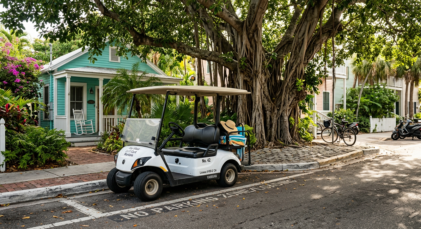 A white golf cart tightly parallel parked next to a curb marked with faded white lines under the shade of a Key West banyan tree