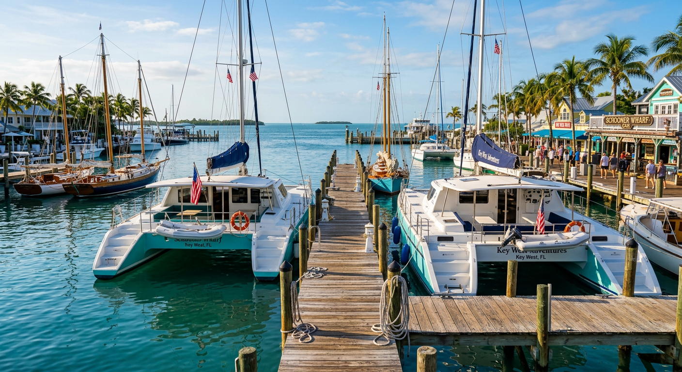 Catamarans and sailboats tied to wooden docks at the Key West Historic Seaport