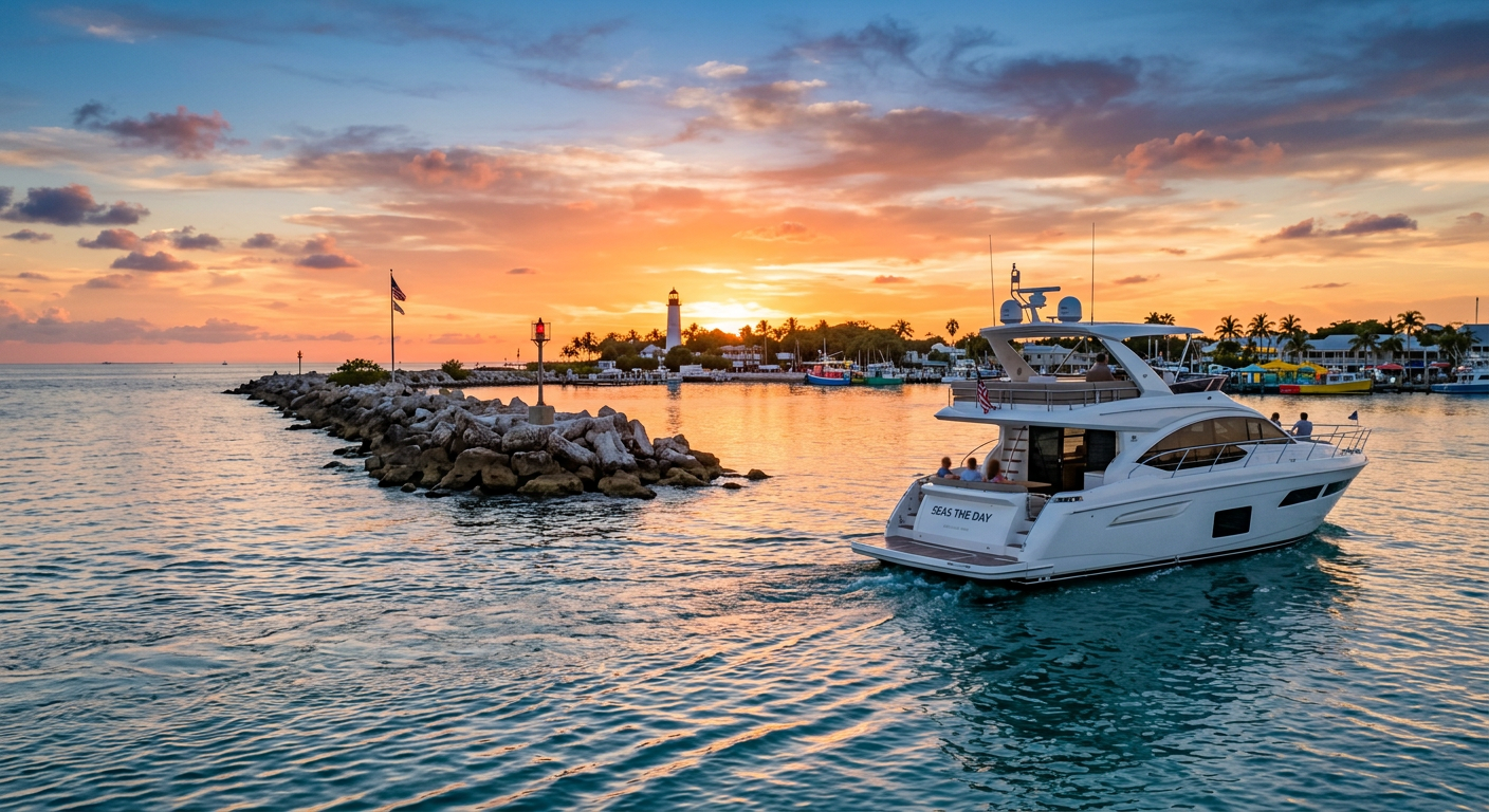 A sleek private charter boat clearing the Key West breakwater at sunset with calm waves