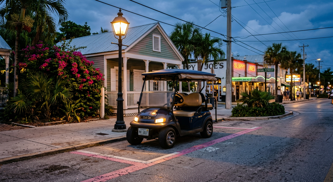 A golf cart parked near faded pink pavement parking boundary lines under a Key West streetlight.