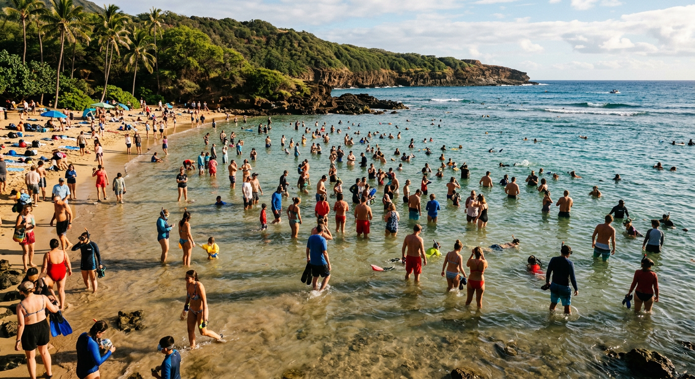 Crowded snorkeling bay in Oahu with dozens of tourists standing in shallow, cloudy water