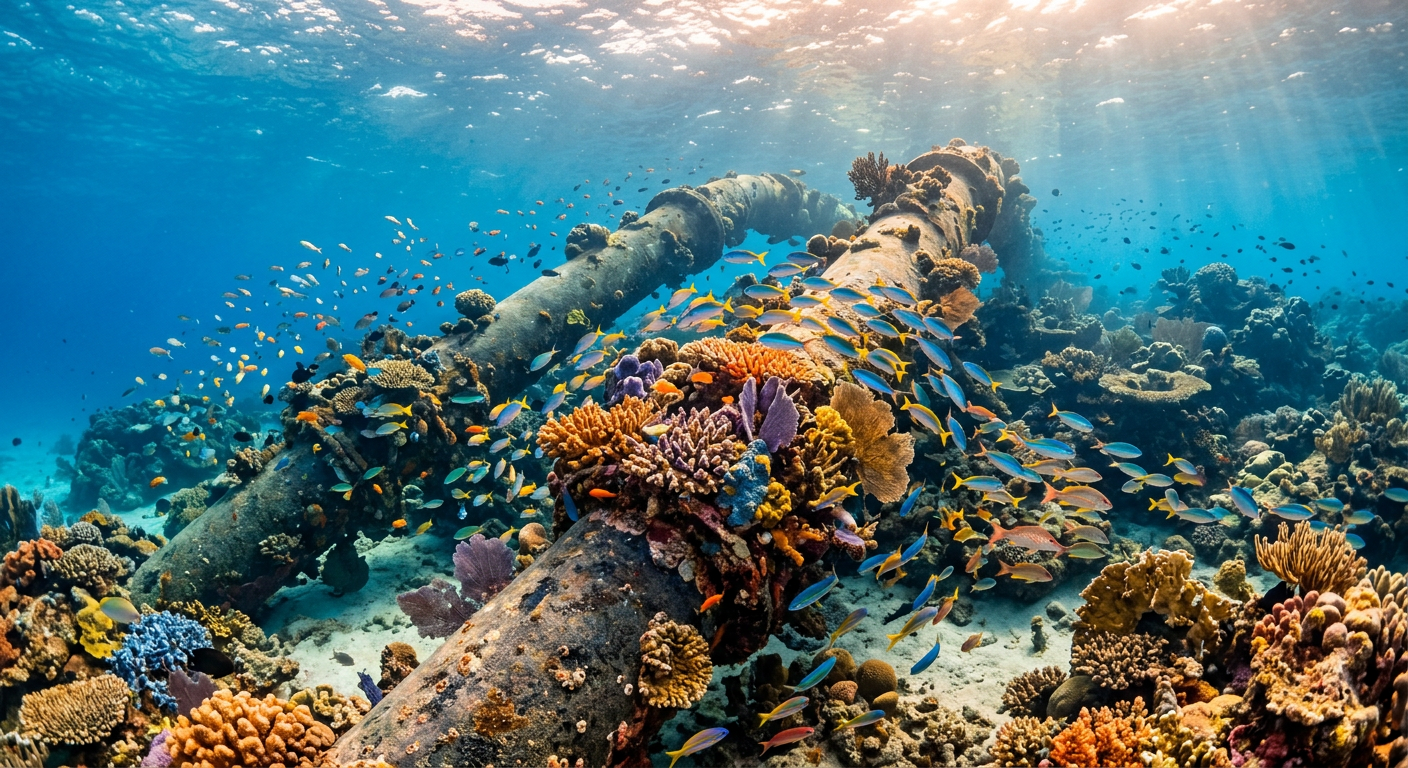 Large underwater industrial pipes surrounded by vibrant coral formations and schools of tropical fish