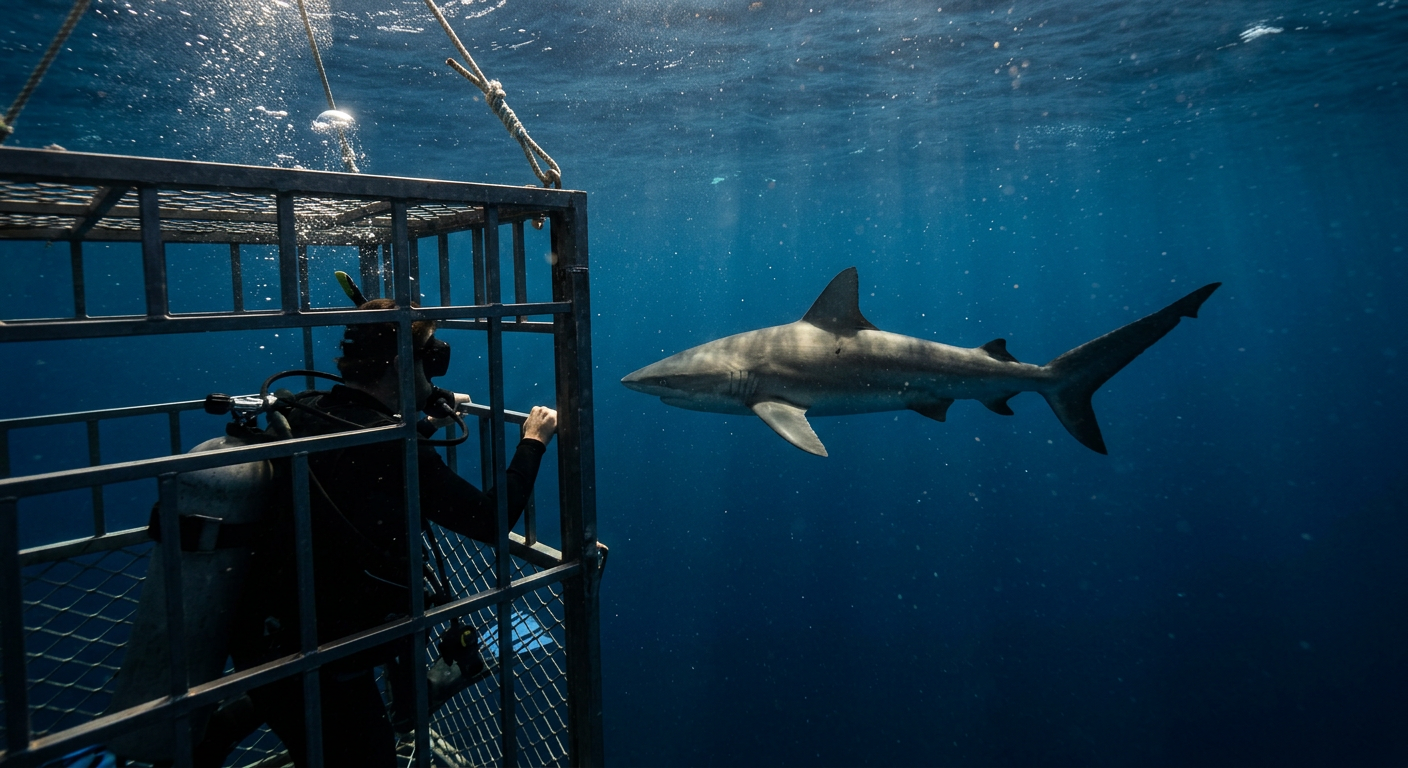 A cage diver submerged in dark blue water watching a Galapagos shark swim by off the North Shore of Oahu