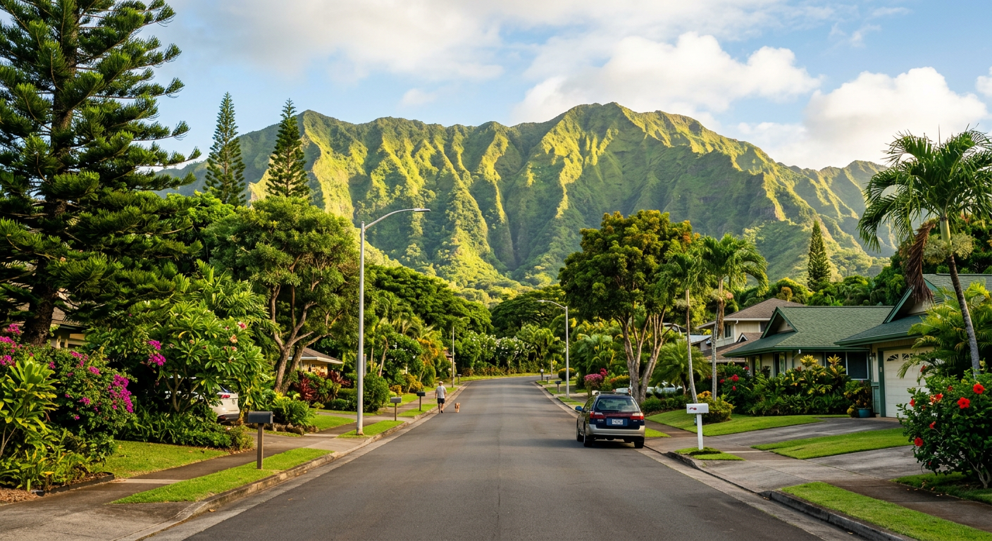 Quiet morning streets of Mililani with lush green mountains in the background
