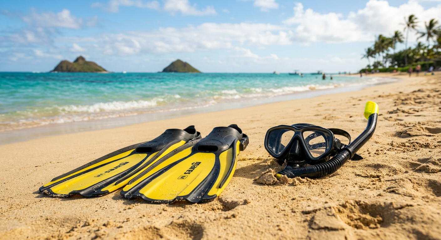 A pair of high-quality snorkel fins and a mask resting on the warm sand at an Oahu beach