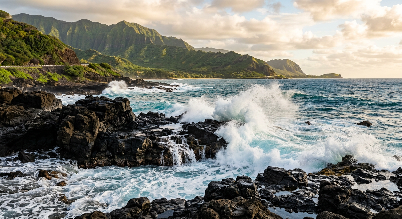 Waves crashing against dark jagged volcanic rocks on the Oahu coastline