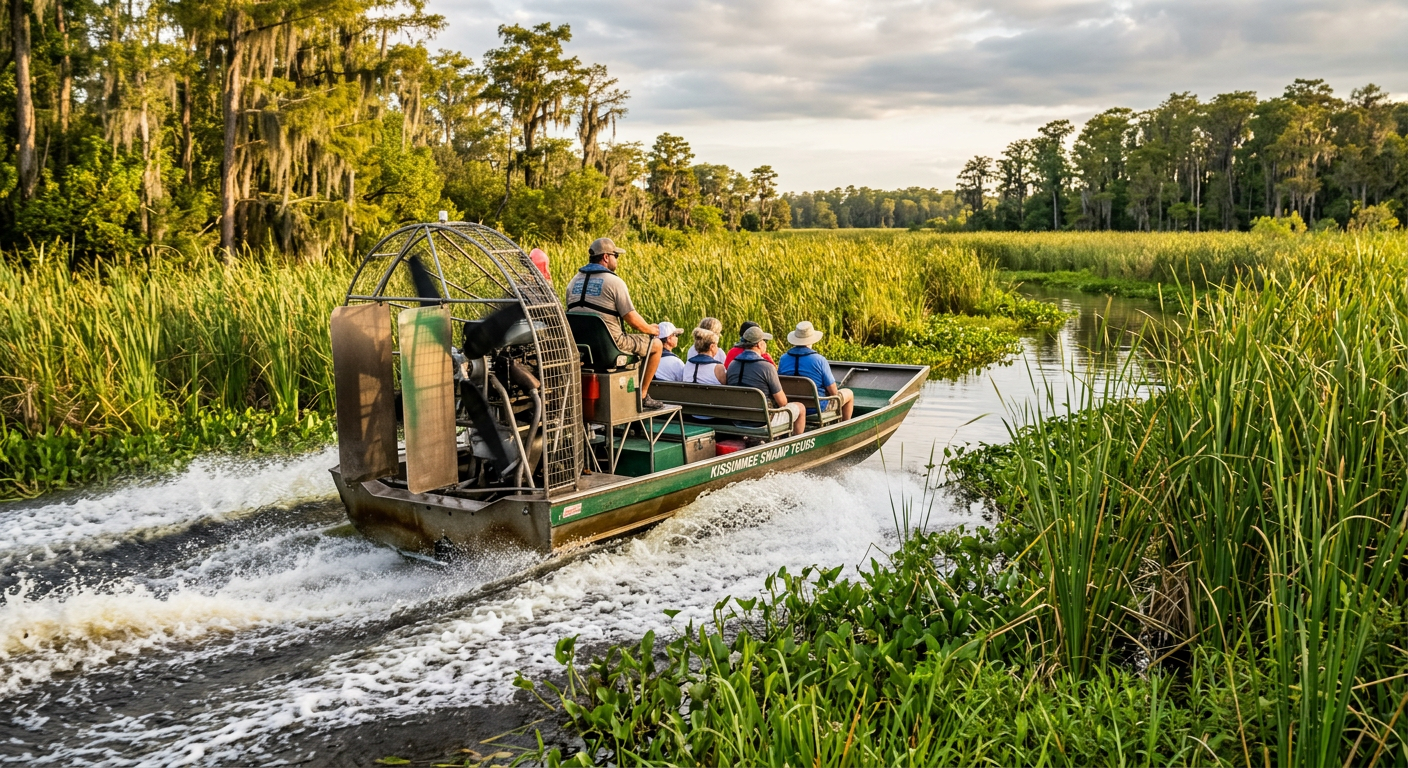 A flat-bottom airboat speeding through tall green reeds in a Kissimmee swamp