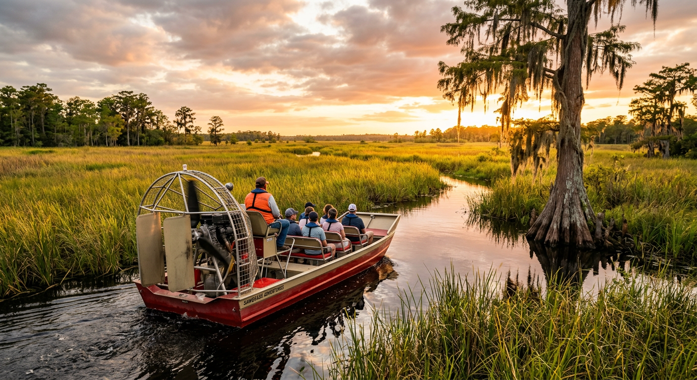 A small six-passenger airboat navigating grassy marshlands next to a cypress tree in Central Florida