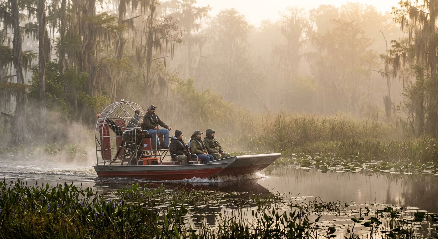 Airboat gliding through heavy white morning fog over a Florida marsh