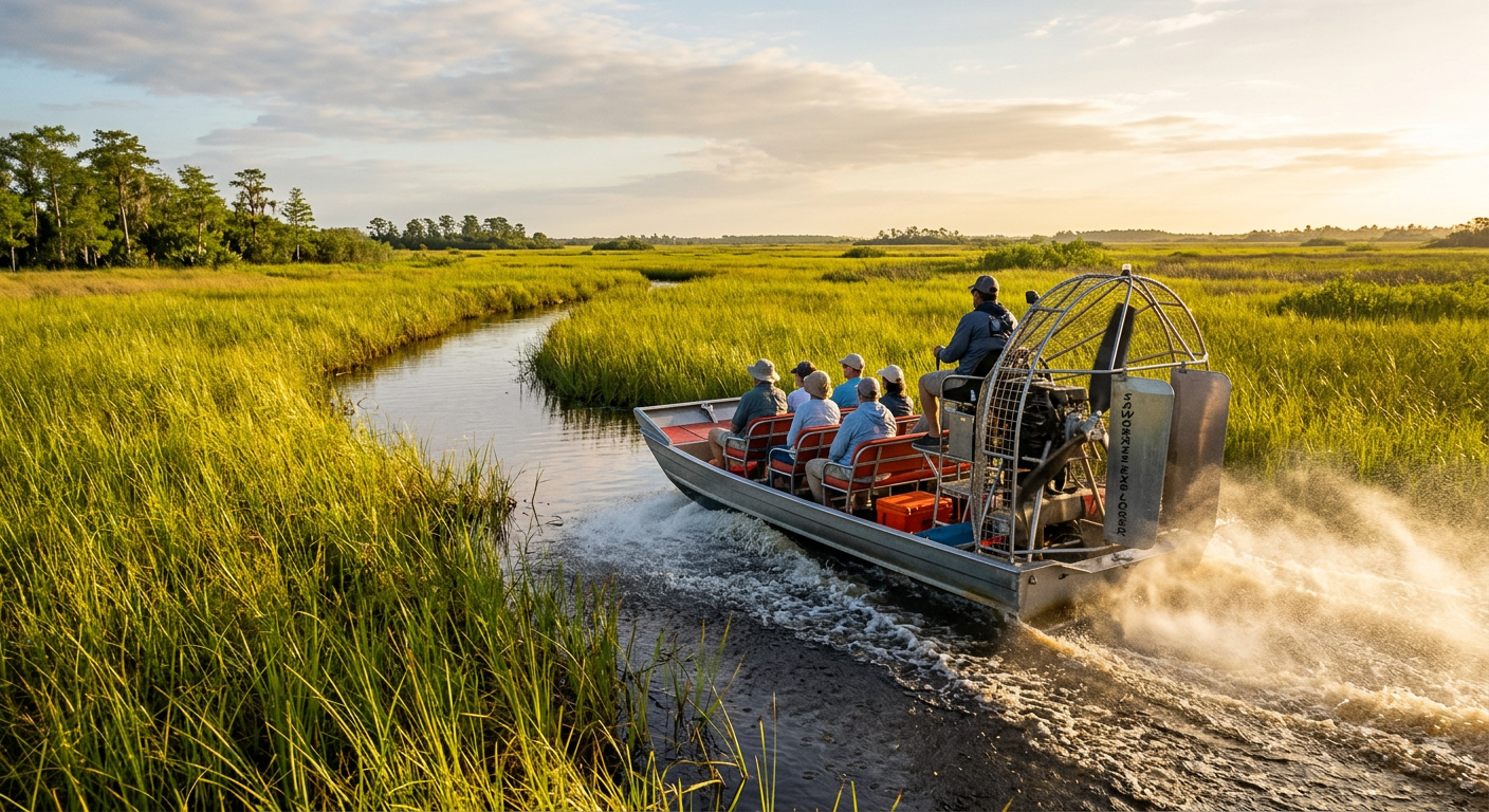 A small six-passenger airboat kicking up mist while navigating tight sawgrass channels in the Central Florida headwaters