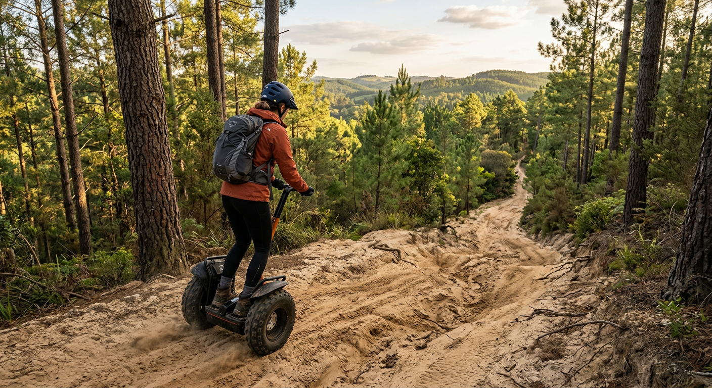 A rider navigating an off-road Segway up a sandy, pine-flanked hill in Clermont