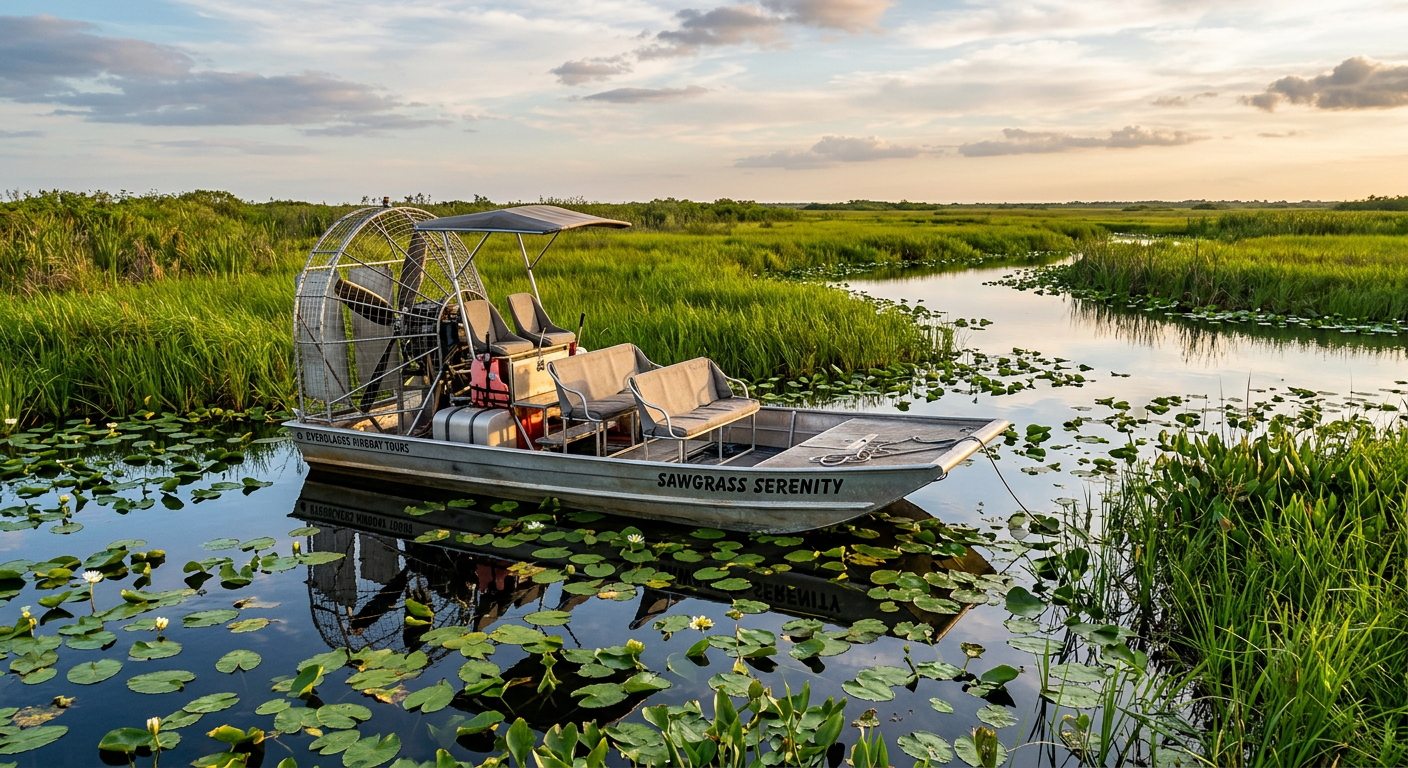 An airboat resting quietly on glassy marsh waters surrounded by green sawgrass and lily pads