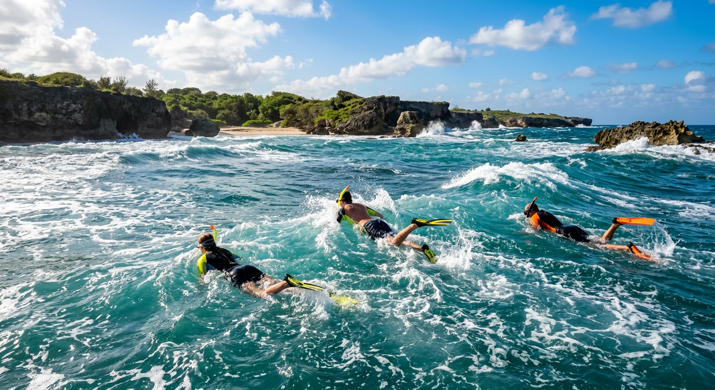 Snorkelers navigating choppy surf near Anglin's Pier in Lauderdale-By-The-Sea