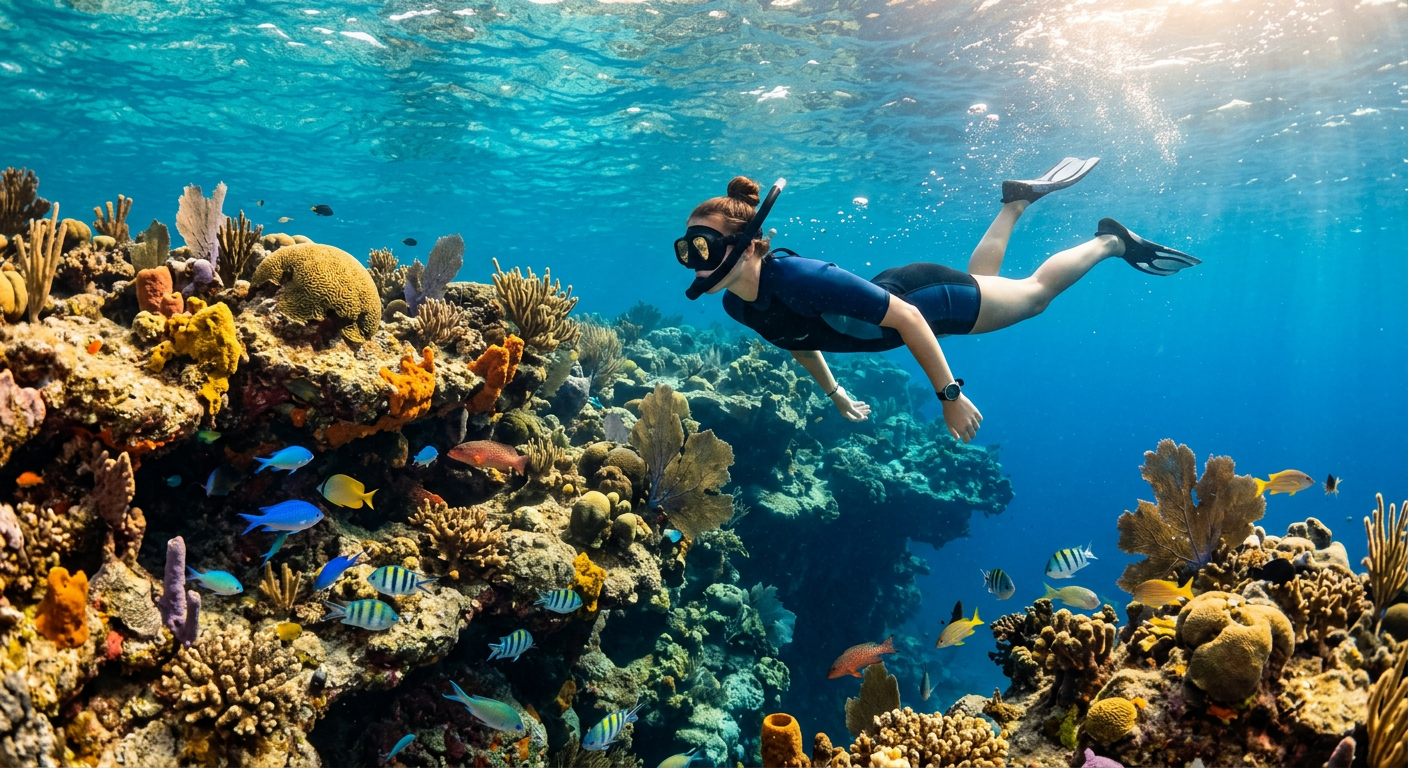 A snorkeler swimming over a deeper limestone reef ledge in South Florida