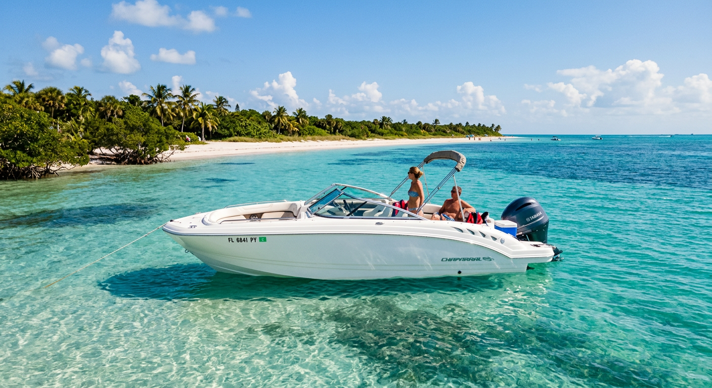 A white deck boat anchored in clear turquoise water off the Florida coast