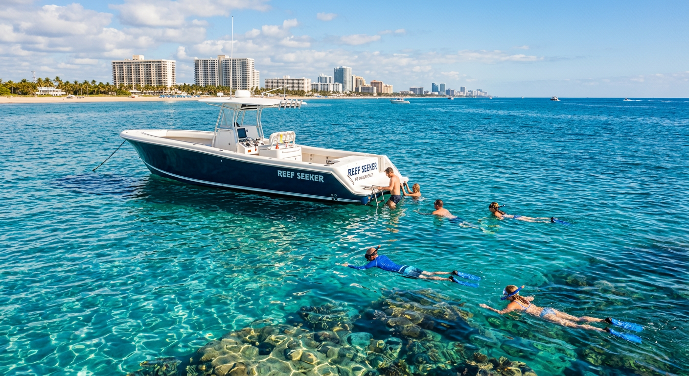 A boat anchored near a Fort Lauderdale reef with passengers swimming in clear blue ocean water