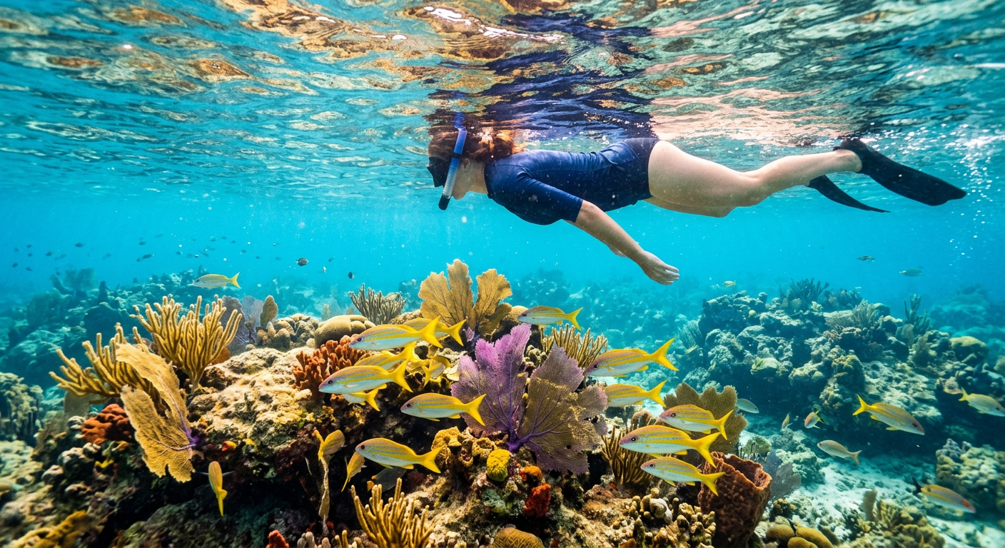 A snorkeler looking down at a limestone reef with yellowtail snappers and sea fans in Florida