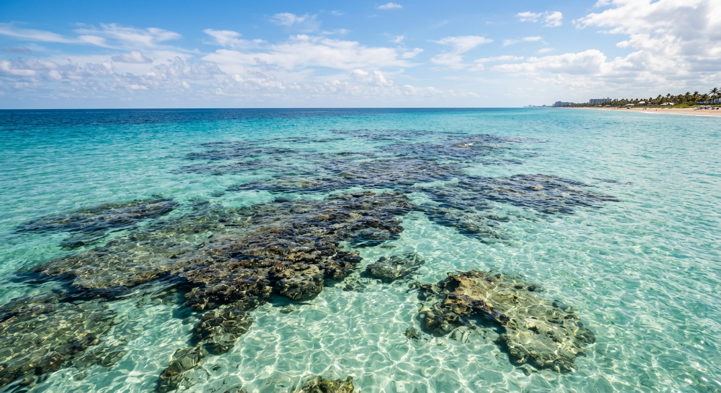 An empty stretch of pale turquoise ocean water over a shallow limestone reef in Fort Lauderdale