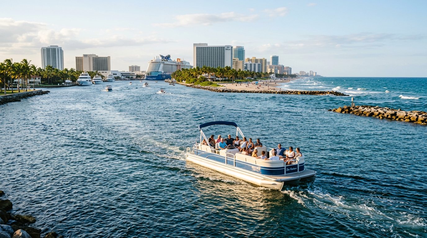 A deck boat navigating the channels of Port Everglades inlet near Fort Lauderdale