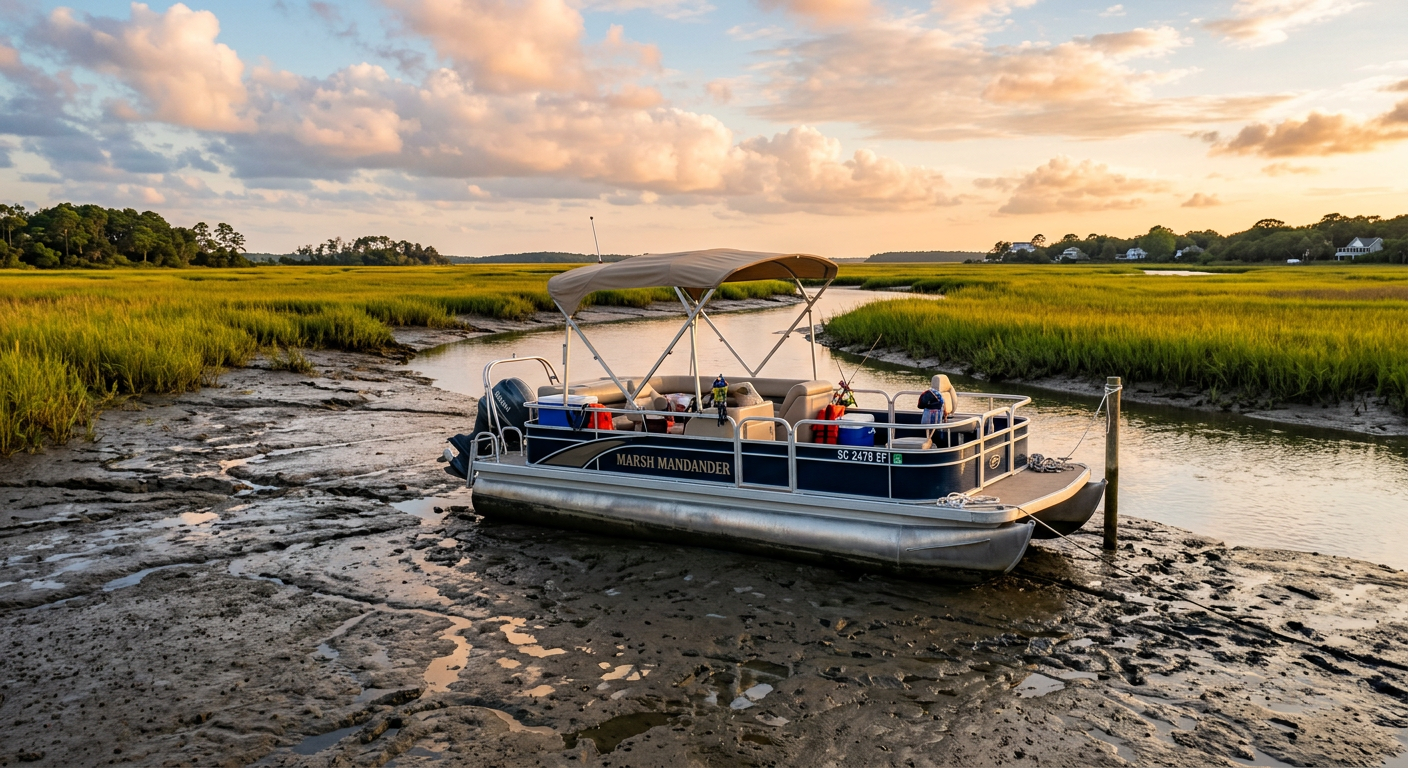A pontoon boat grounded on an exposed mudflat in a tidal creek surrounded by marsh grass