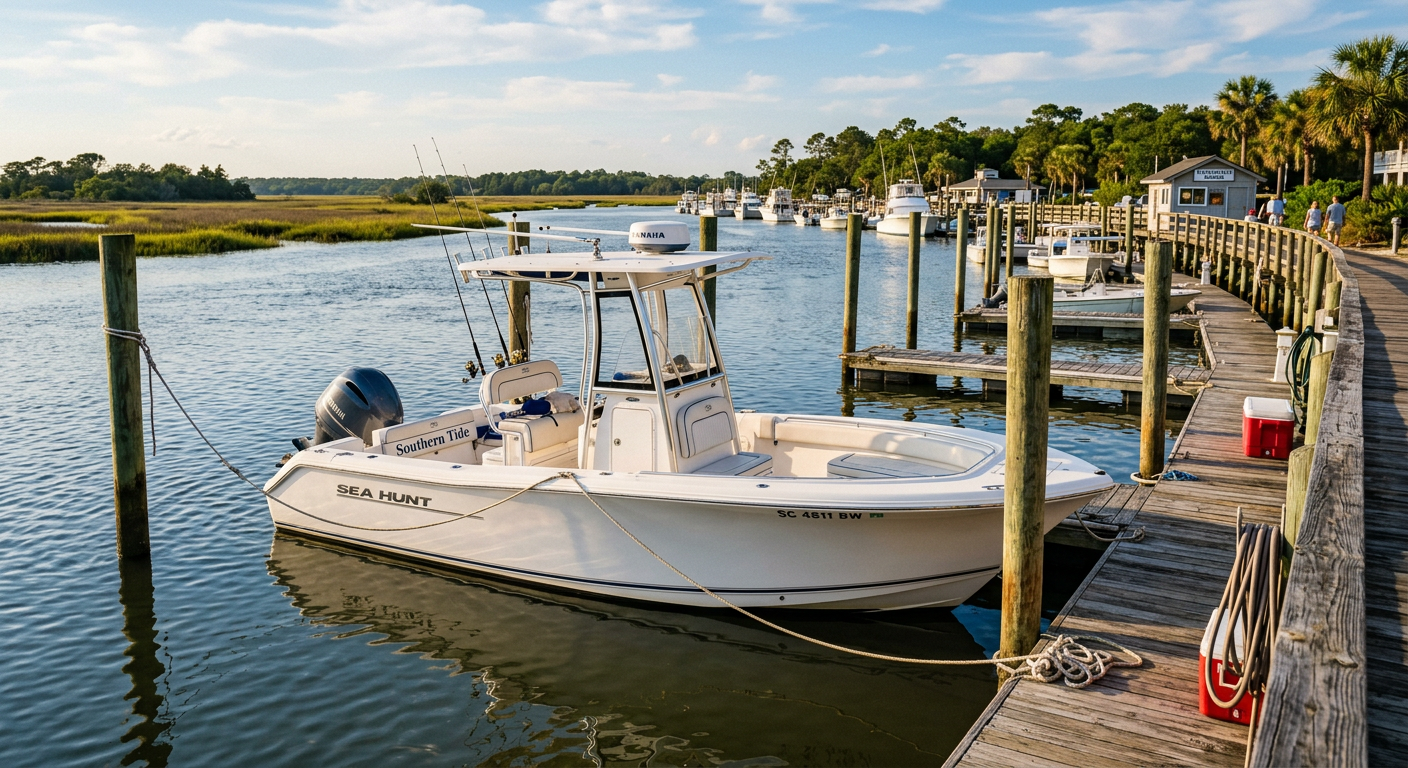 A white center console boat tied to a wooden marina dock in South Carolina