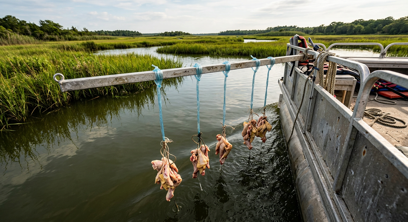 Raw chicken necks tied to nylon lines dangling over the side of a pontoon boat into murky marsh water