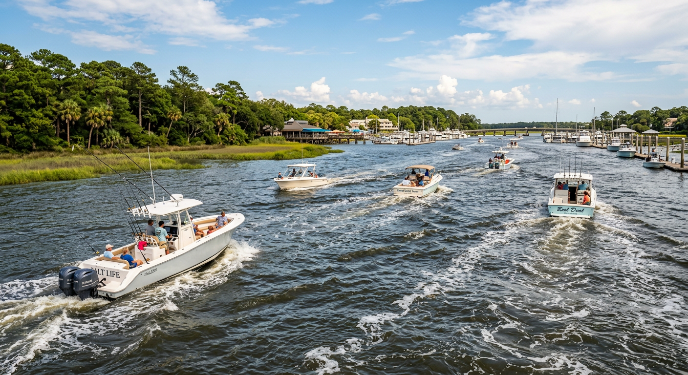 Motorboats and fishing charters navigating the choppy, wake-filled waters of Broad Creek under a bright South Carolina sky