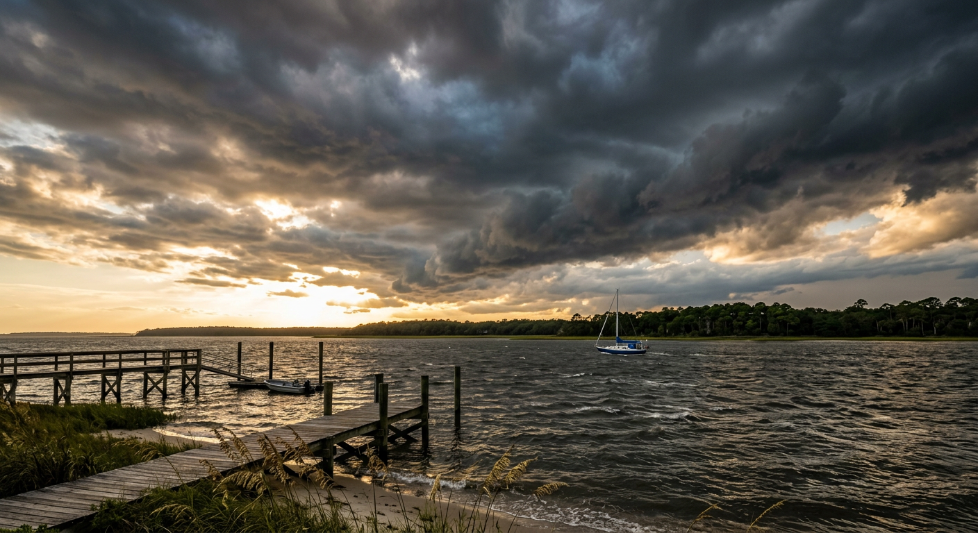 Dark thunderclouds rolling in over the waters of Calibogue Sound in Hilton Head