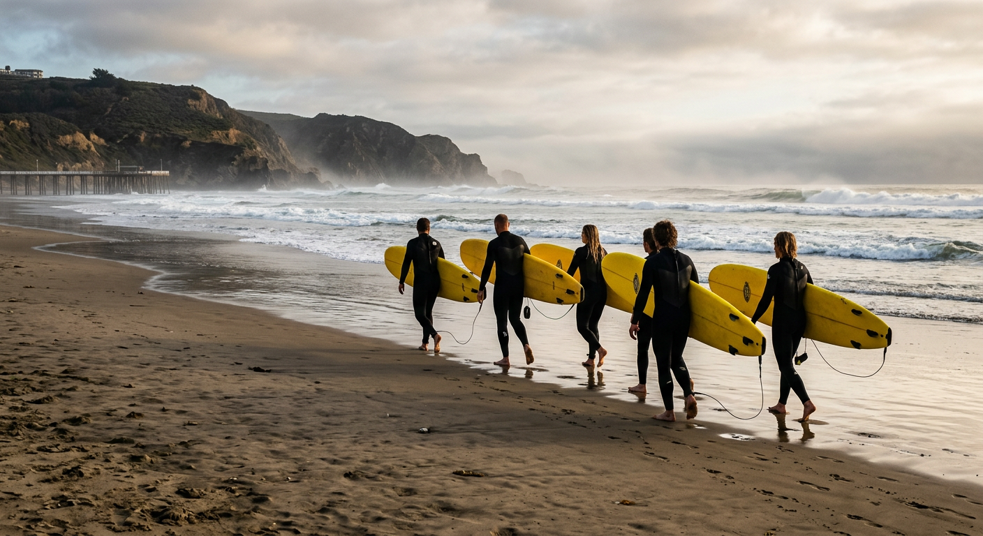 A group of surfers in black wetsuits carrying yellow foam boards toward the misty ocean at Pismo Beach