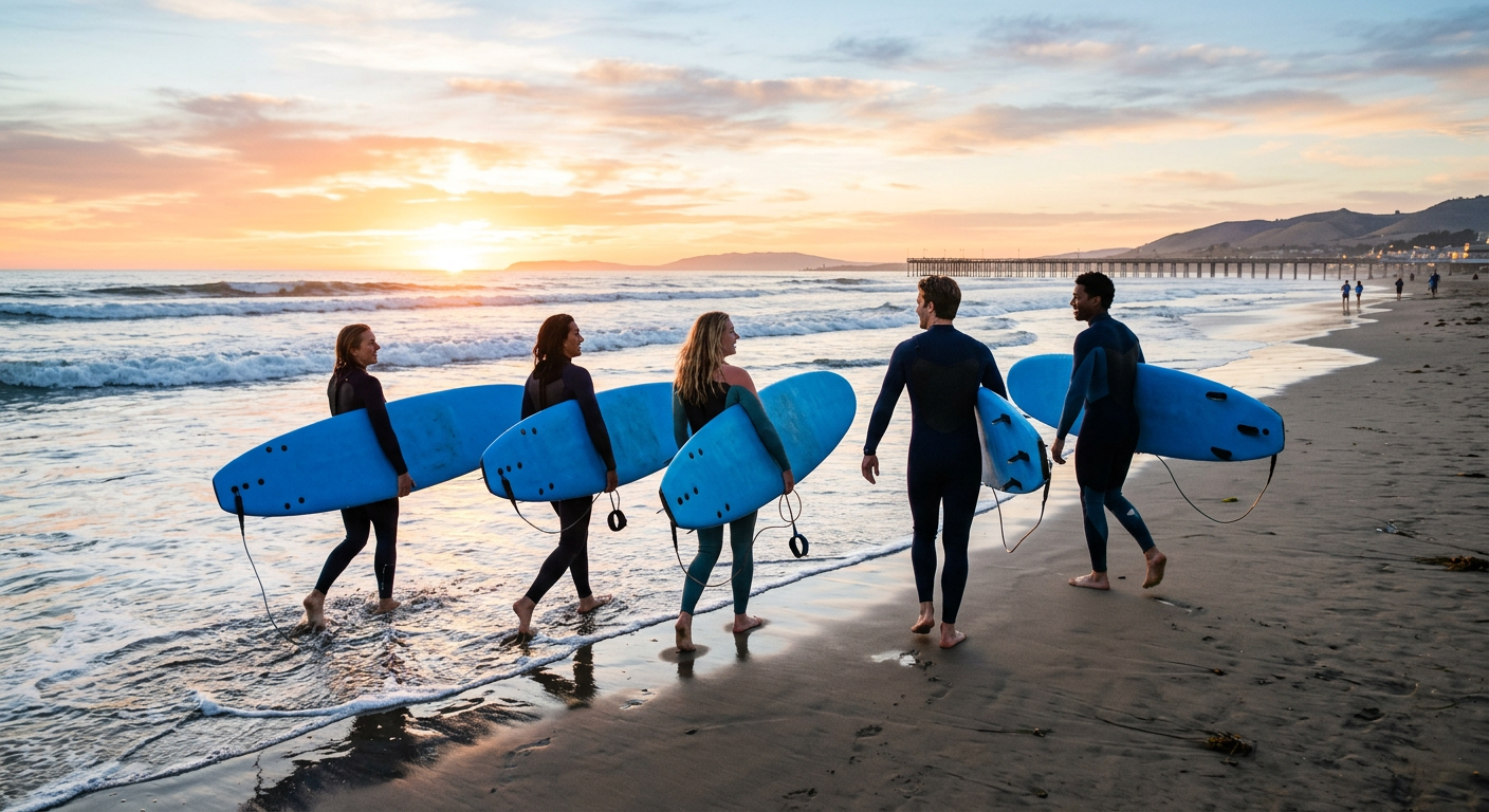 Group of friends carrying blue foam surfboards toward the ocean waves in Pismo Beach early in the morning