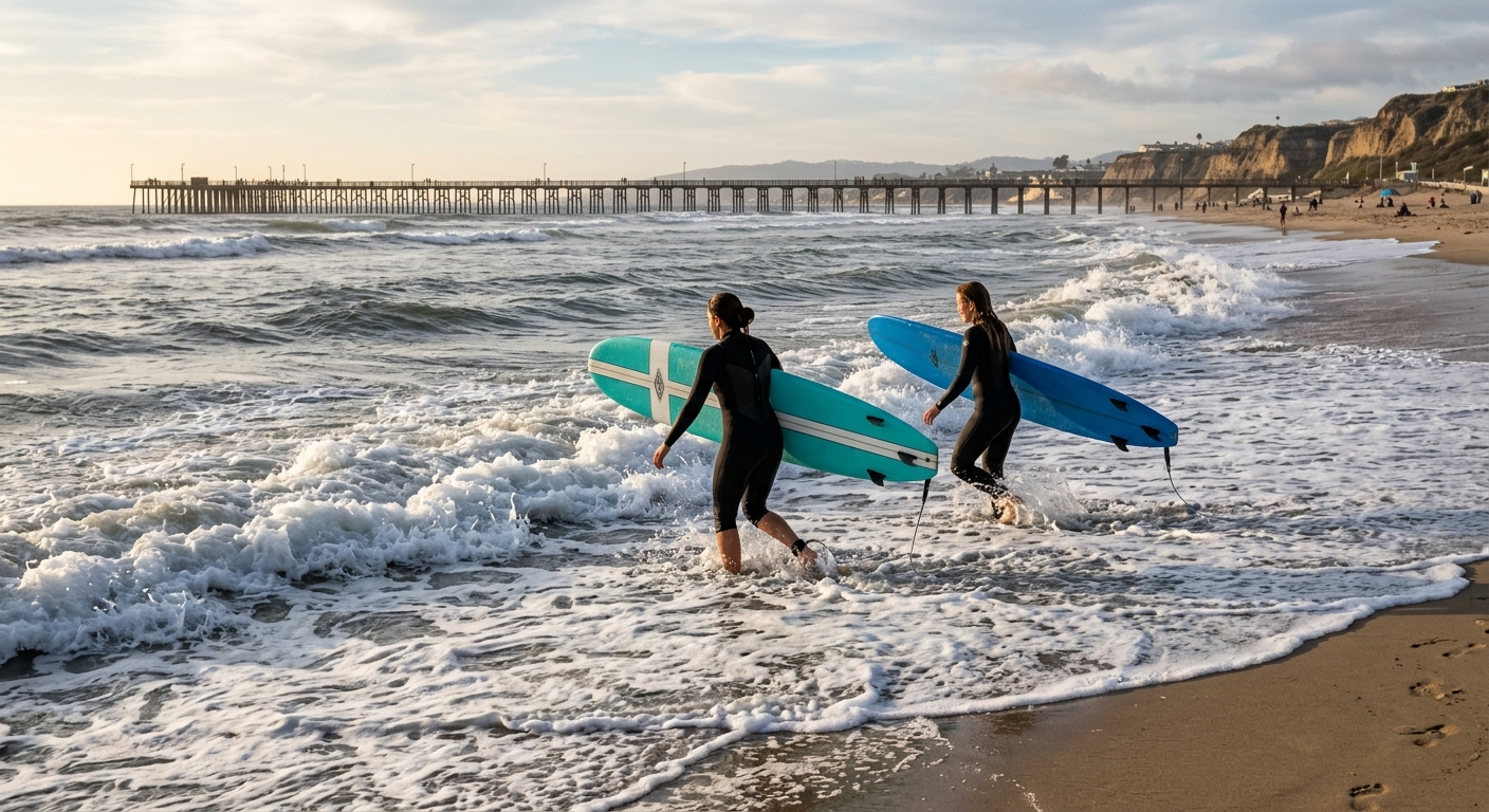 Surfers wading into the gray surf of Pismo Beach with foam longboards