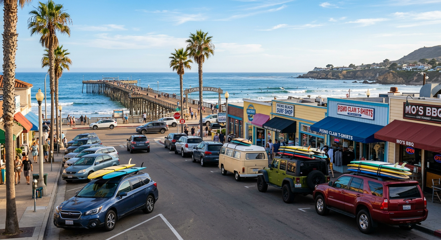 Cars lined up along Pomeroy Avenue near the Pismo Beach pier with surfboards strapped to the roofs