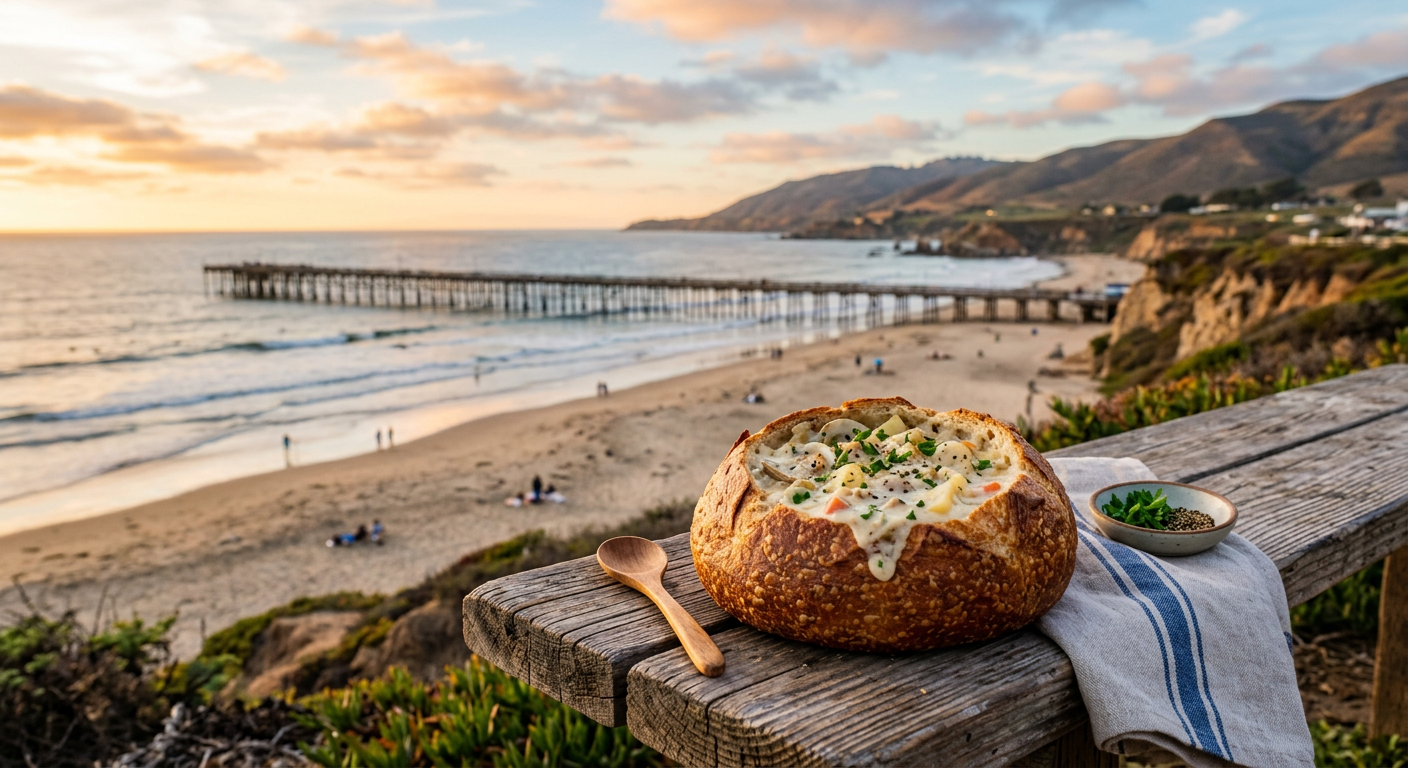 A warm sourdough bread bowl filled with creamy clam chowder sitting on a wooden bench near Pismo Beach