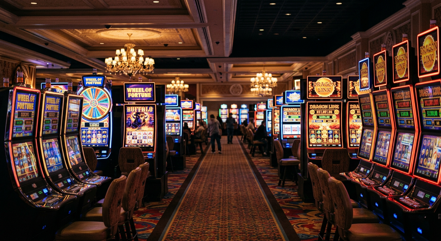 A quiet casino floor in Las Vegas with row upon row of illuminated slot machines under dim lighting