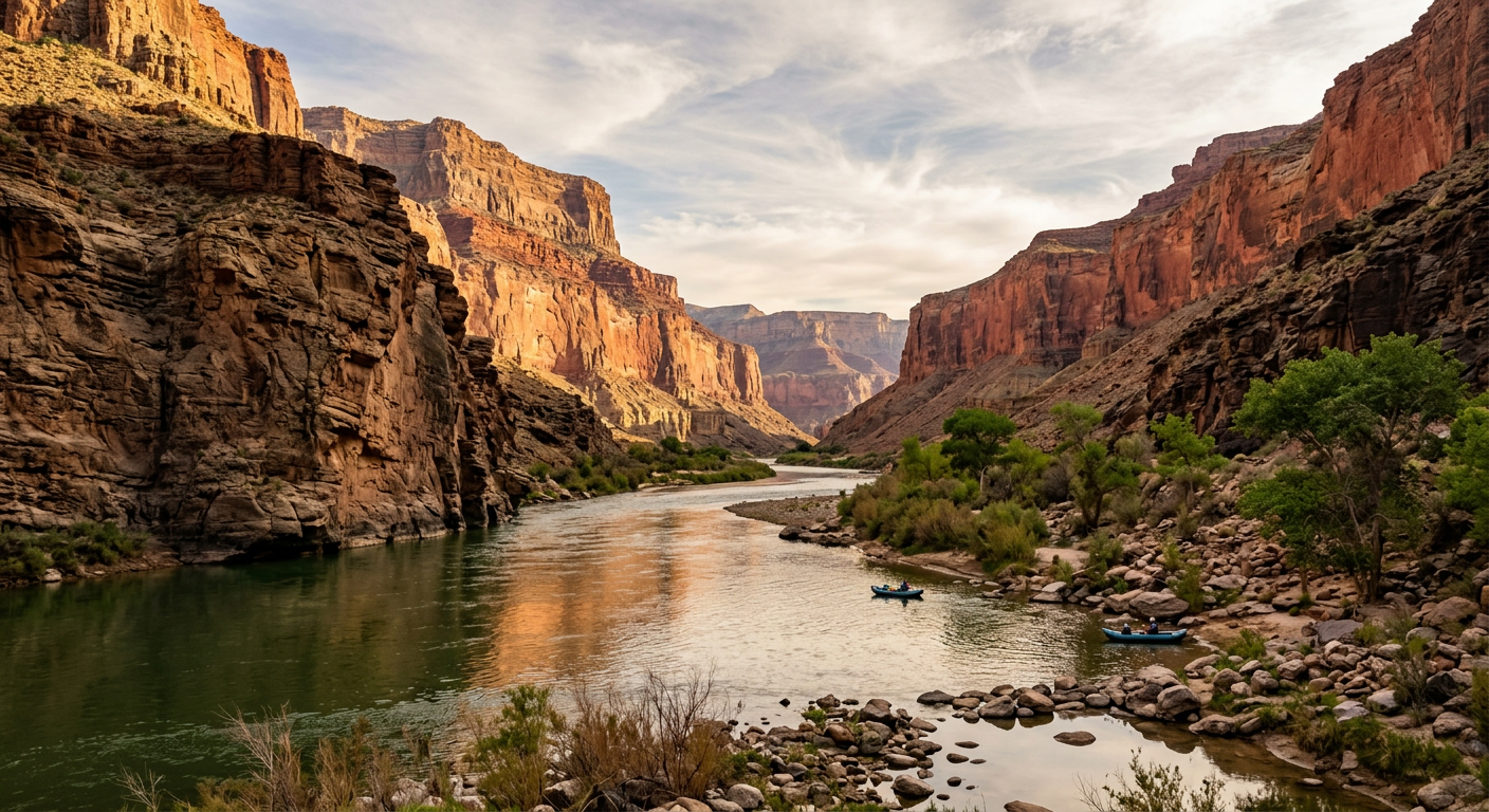 A quiet stretch of the Colorado River flowing between rugged canyon walls