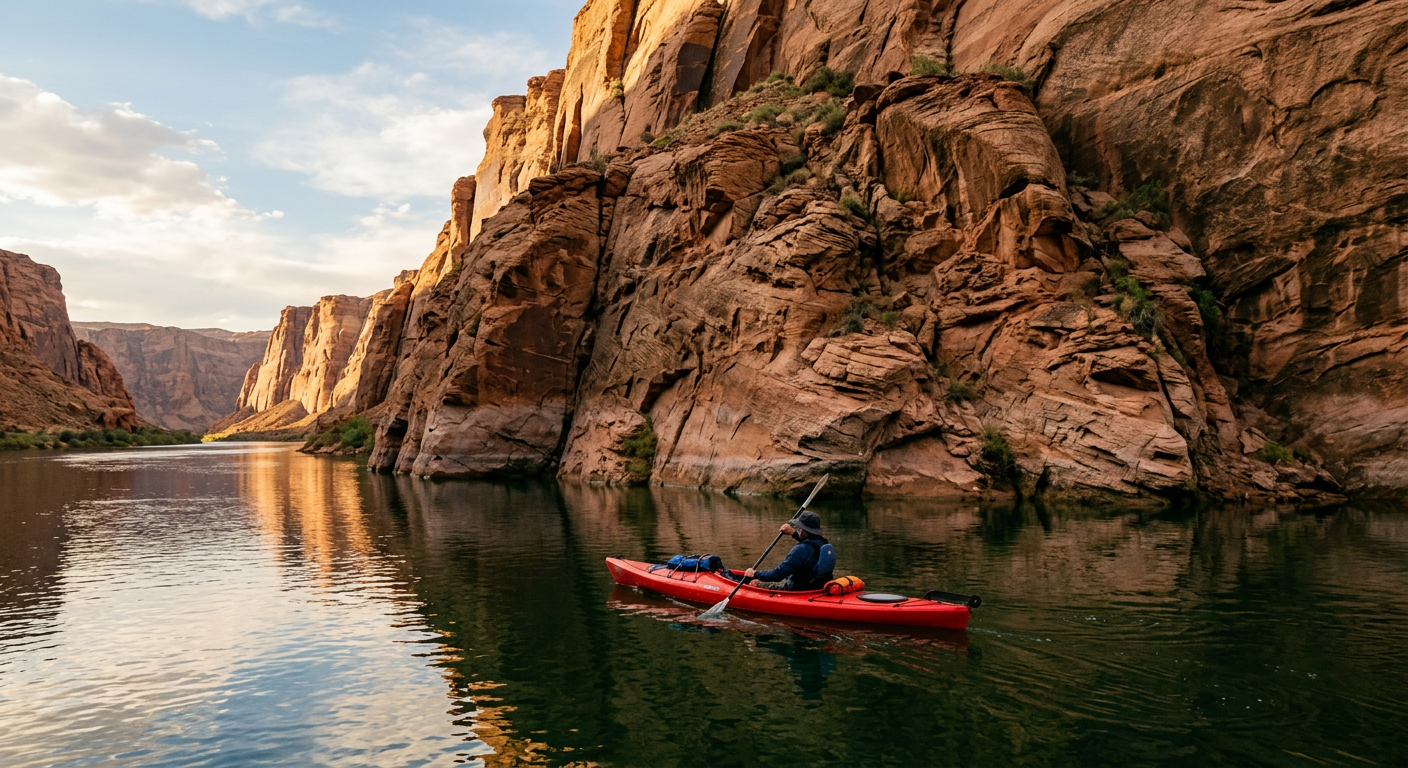 A single kayak floating on the dark green waters of the Colorado River near a rocky cliff face