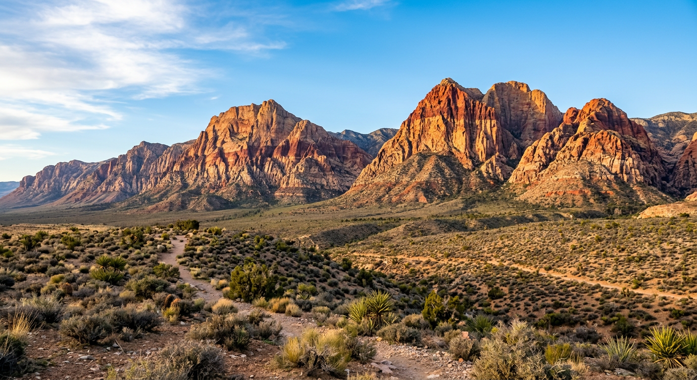 Red sandstone peaks rising above sparse desert scrub brush in Red Rock Canyon