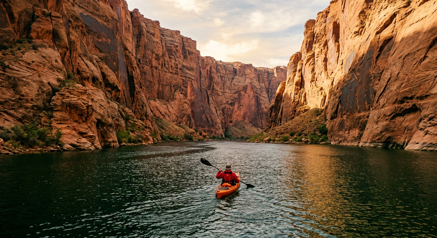 A kayaker paddling on a dark green river between massive, sheer canyon walls