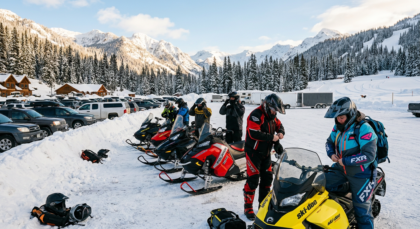 Snowmobiles lined up at a staging area parking lot with riders zipping up thick winter gear in the snow
