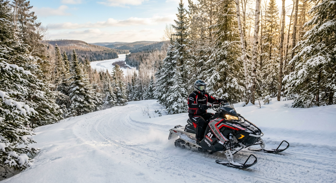 A rider navigating a snowmobile through a snowy, forested trail curve in the Boardman River valley