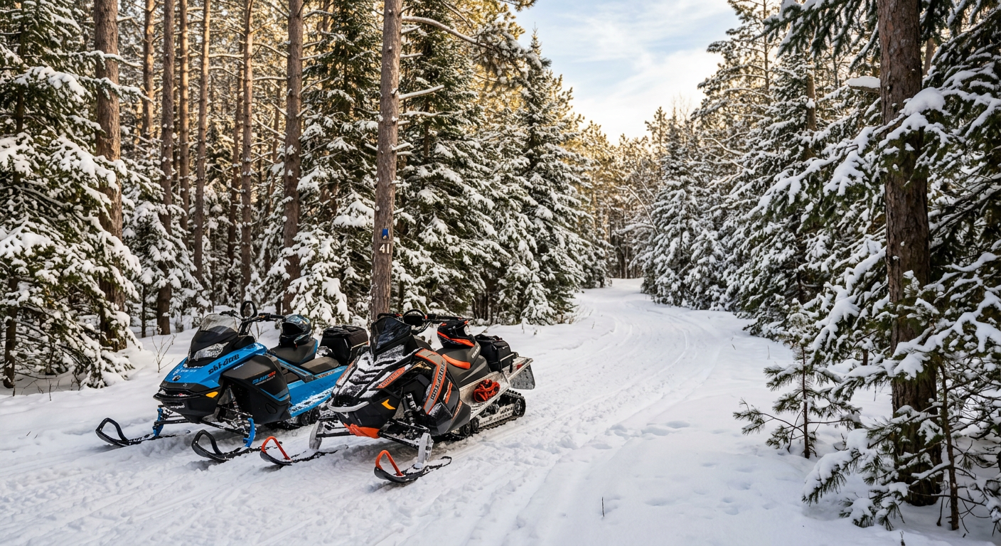 A pair of snowmobiles parked on a quiet wooded trail surrounded by tall Michigan pines
