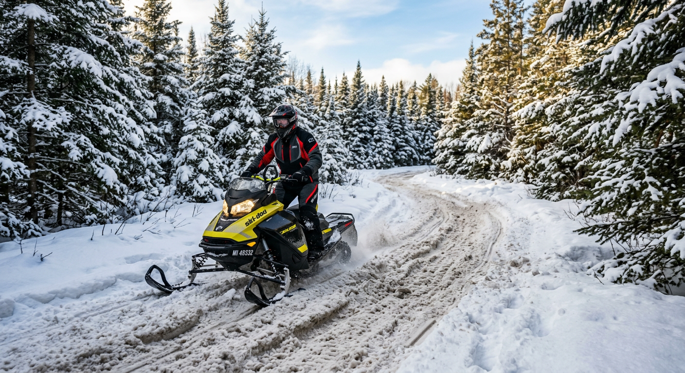 A rider navigating a snowmobile through a rutted, snow-heavy trail lined with pine trees in northern Michigan