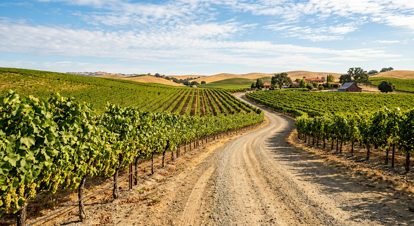 Dusty gravel path winding through rows of leafy grapevines in a sunlit Livermore vineyard