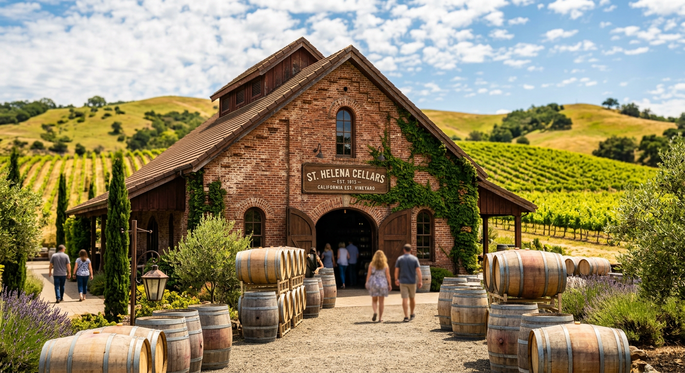 Historic brick winery building surrounded by wooden barrels under the California sun