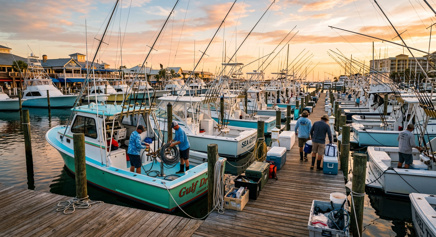Charter fishing boats docked at early morning in Destin harbor with deckhands prepping gear