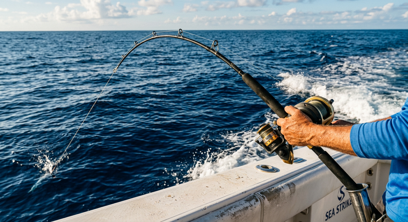 A heavy offshore fishing rod bent double over the rail of a charter boat against the deep blue waters of the Gulf of Mexico