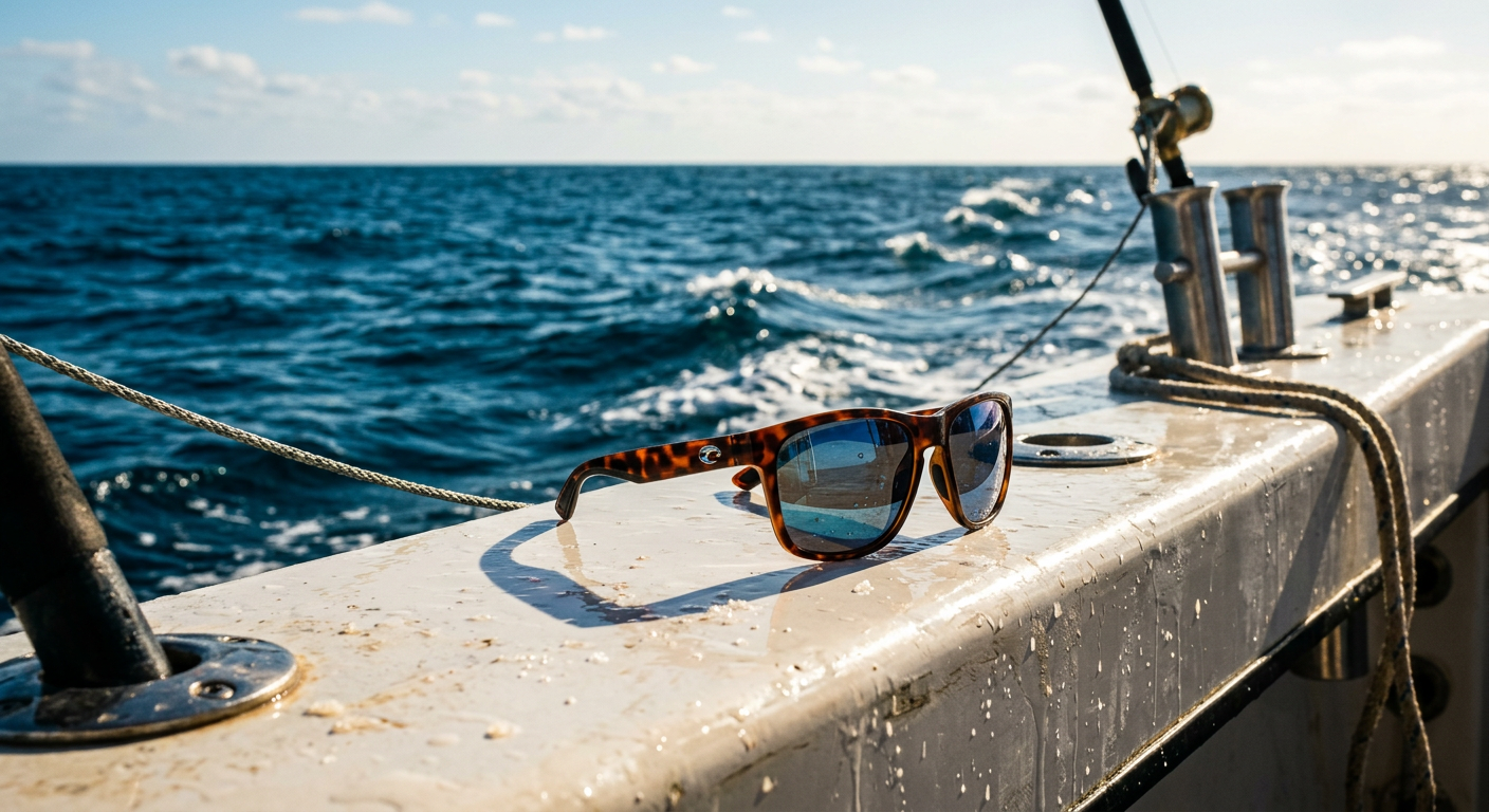 A pair of polarized sunglasses resting on the slick fiberglass gunwale of a deep sea fishing boat