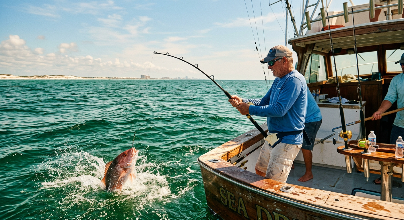 A tired angler reeling in a fish aboard a charter boat off the coast of Destin, surrounded by open emerald water