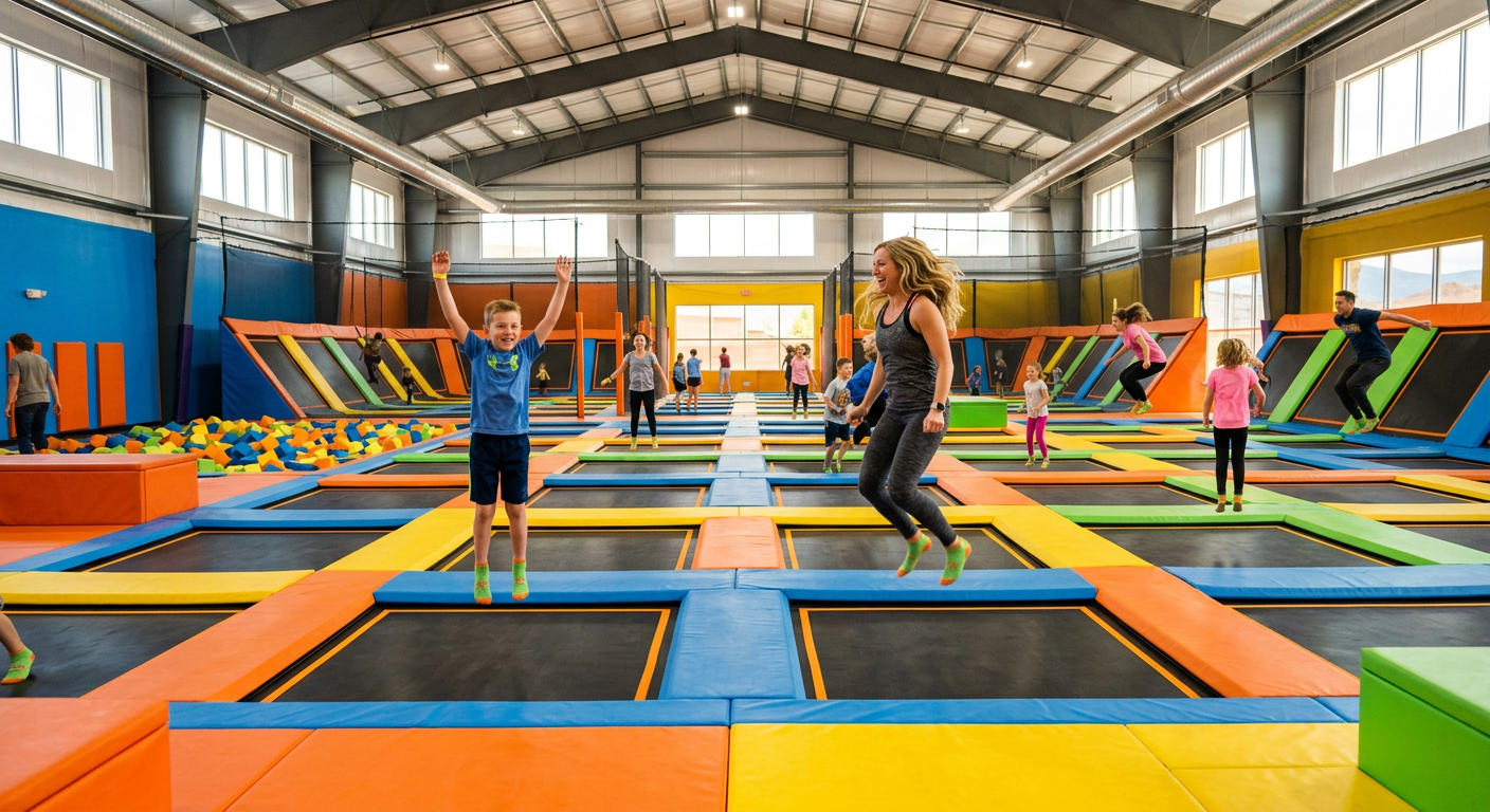 A brightly colored indoor trampoline park in Kearns Utah with kids and adults jumping on separate trampolines